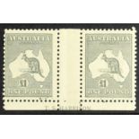 AUSTRALIA 1923-24 £1 grey Kangaroo, SG 75, Harrison imprint pair with usual trimmed inscription,