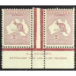 AUSTRALIA 1923-24 2s maroon Kangaroo, SG 74, Mullett plate 2 imprint pair, fine never hinged mint.