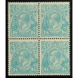 AUSTRALIA 1926-30 1s.4d turquoise, SG 104, fine mint block of four, one never hinged. Cat. £560.