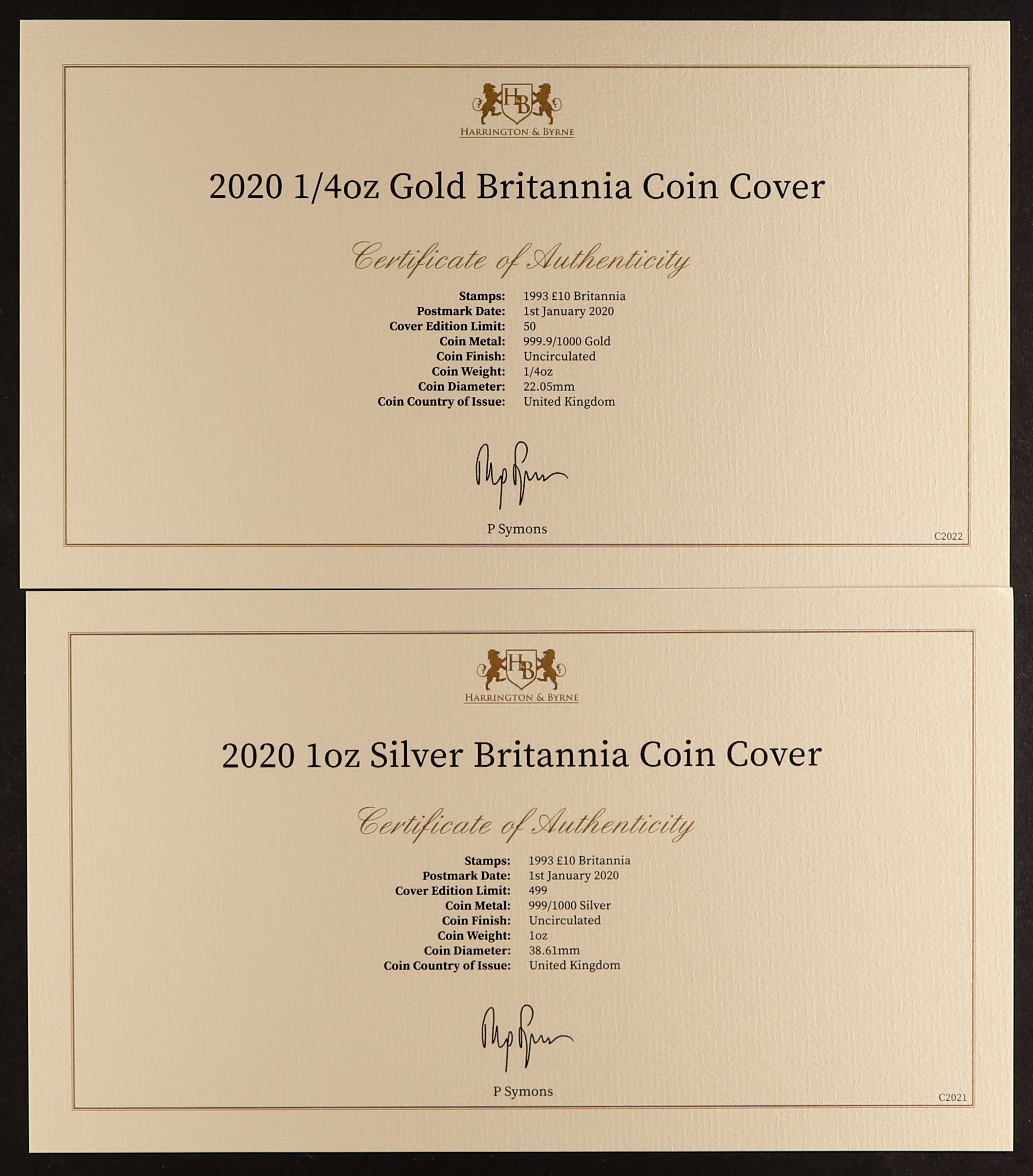 COIN COVERS 2020 1/4 oz Gold Britannia coin cover, together with  the 2020 1oz Silver Britannia - Image 2 of 3