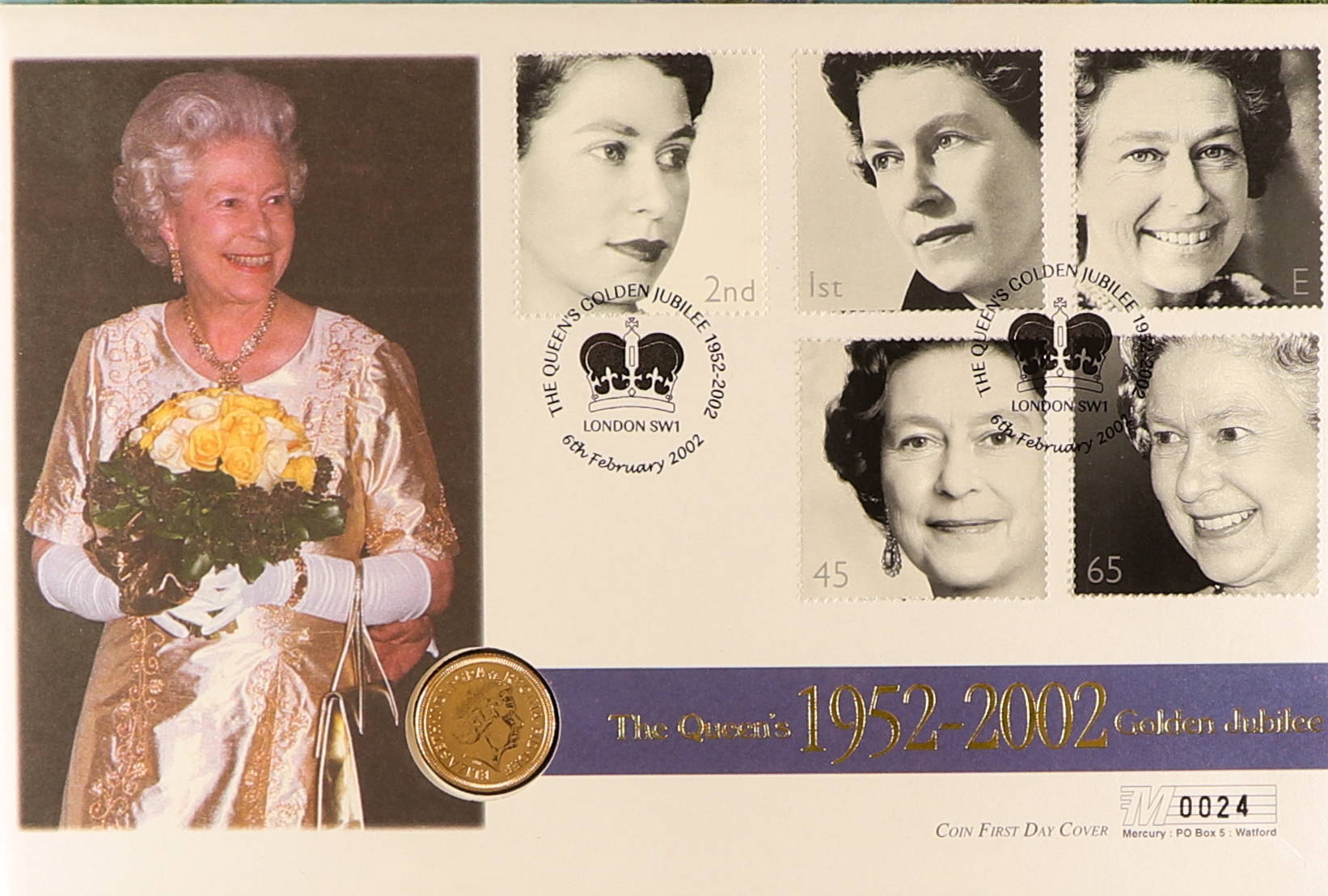 COIN COVER - GOLD HALF SOVEREIGN commemorating The Queen's Golden Jubilee in 2002.