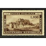 ITALY 1949 Republic Romana 100l. brown, Sassone 600, never hinged mint. With Sorani certificate