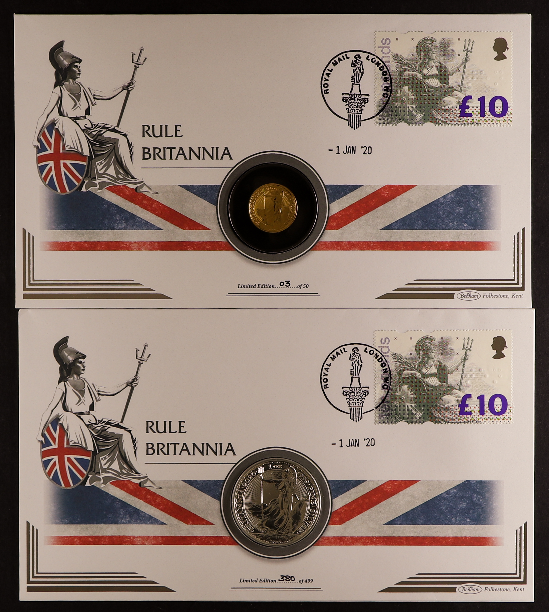 COIN COVERS 2020 1/4 oz Gold Britannia coin cover, together with  the 2020 1oz Silver Britannia