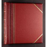 STANLEY GIBBONS "ORIEL" PEG FITTING ALBUMS X5 in red, quarter-bound in leather with gold tooling (