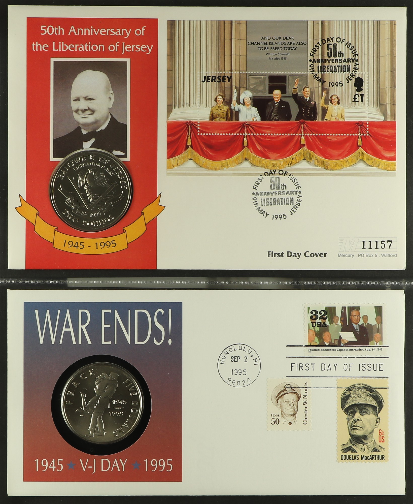 COIN COVER COLLECTION - WAR RELATED in 7 albums which feature  D-day landings, Churchill, End of