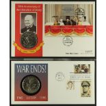 COIN COVER COLLECTION - WAR RELATED in 7 albums which feature  D-day landings, Churchill, End of