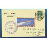 INDIA 1937 ROCKET MAIL (22 Sept) Rocket Train Herbert E. Barber label tied by Behala violet