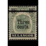 MALAYA STATES SELANGOR 1900 3c on 50c green and black, variety "Antique t in Cents", SG 67a, fine