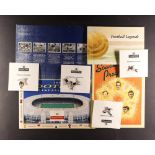 FOOTBALL LEGENDS 1996 Royal Mail series of five pin badges, postcard book, leaflets etc. (Qty)