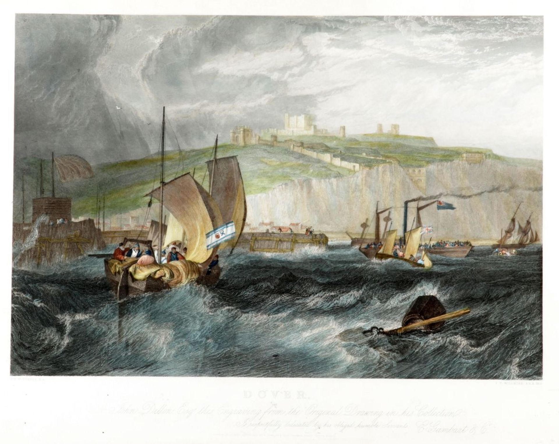 Ansicht v. Dover m. dem Dover Castle u. Segelbooten bei Unwetter