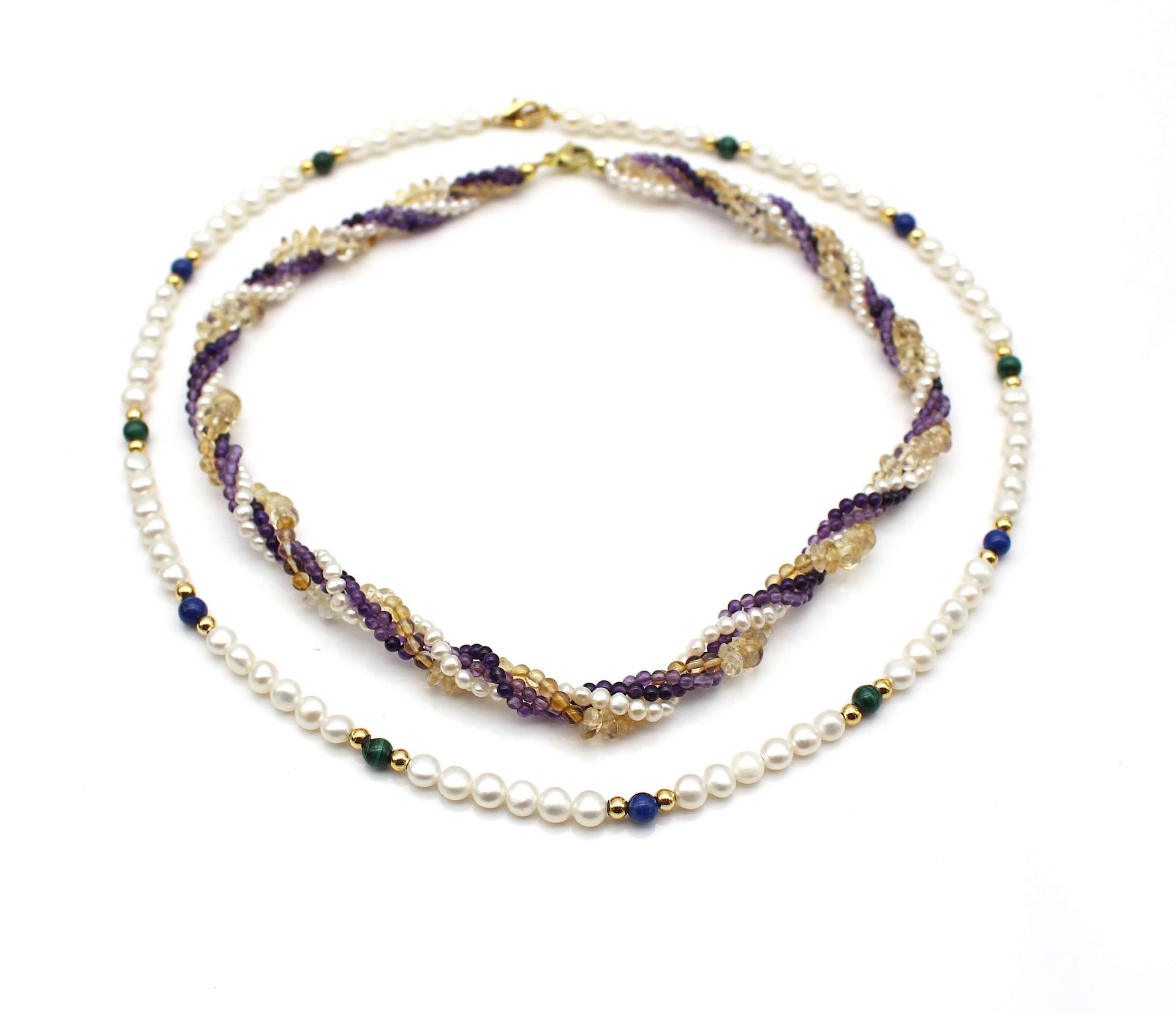 2 chains with cultured pearls, amethysts, quartz, malachite and lapis