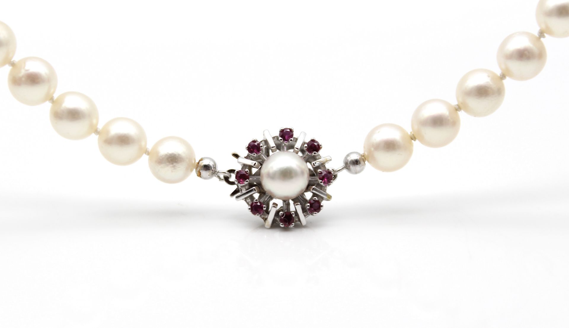 Cultured pearl necklace with rubies