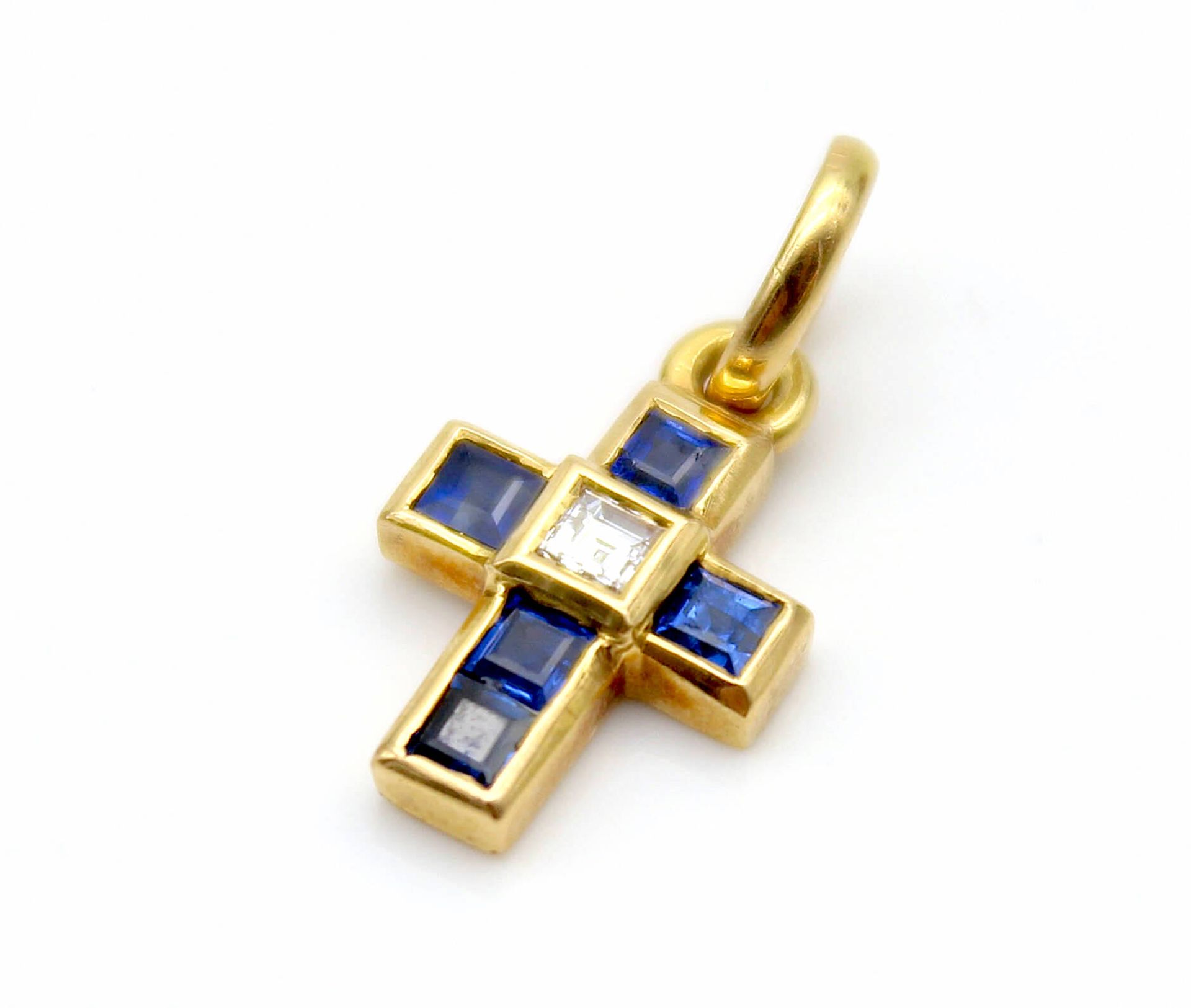 Cross pendant with diamond and sapphires - Image 2 of 3