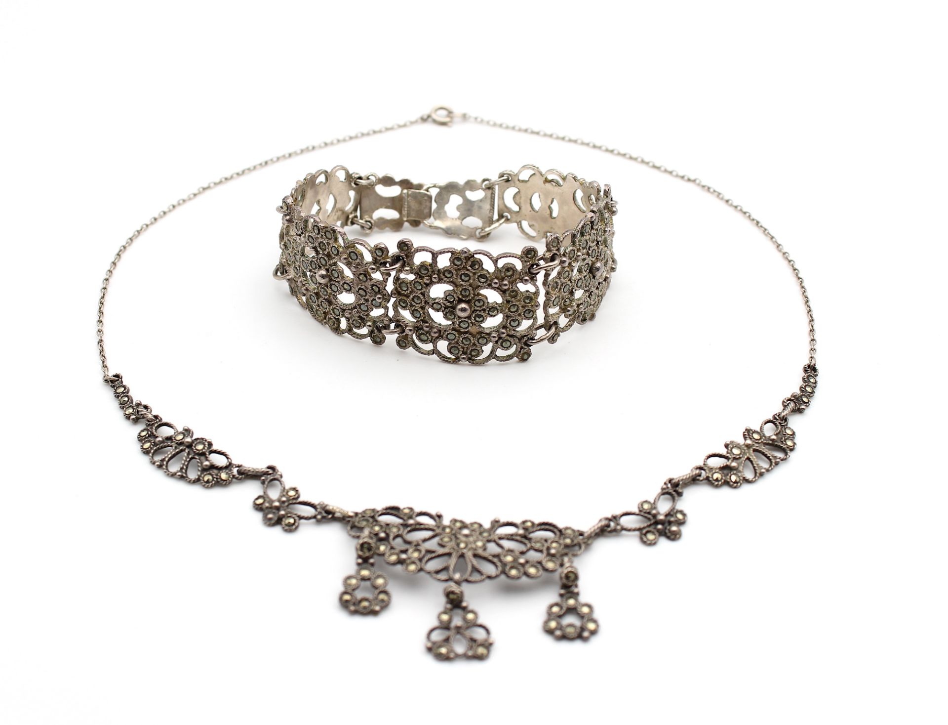 Bracelet and necklace in silver with marcasites