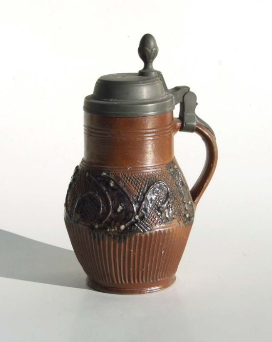 A 19th century German Muskau Bierkrug stein, 20cms high. - Image 2 of 2