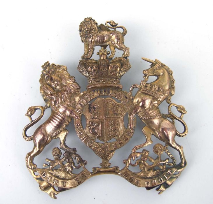 19th century British Army officers gilt helmet plate badge. Width 8.5cms (3.375ins) by 9cms (3.