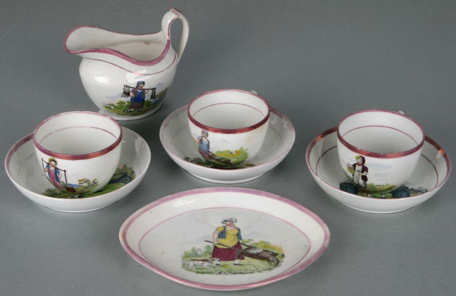 A part set of 19th century Sunderland lustreware tea wares to include three cups and saucers, teapot