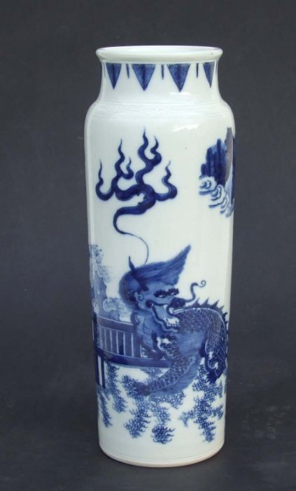 A Chinese blue & white vase of cylindrical form decorated with a dragon and phoenix, 34cms high. - Image 2 of 2