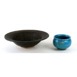 A Studio pottery footed bowl with turquoise glazed decoration, impressed Studio mark to base,