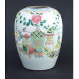A Chinese famille rose vase decorated with precious objects, 27cms high.