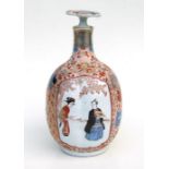 A Japanese wine bottle decorated with figures within panels and flowers with later white metal