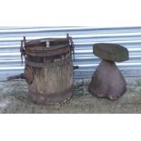 A well weathered carved wooden mushroom, 40cms high; together with a butter churn (2).