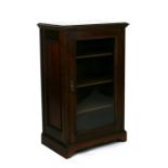 A mahogany glazed display cabinet with single panelled door enclosing a shelved interior, on a