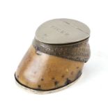 Taxidermy. A Victorian horse hoof desk top inkwell with silver plated mounts, 'Tiger', presented