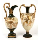 An Victorian porcelain ewer in the classical taste, decorated with gilt decoration depicting bramble