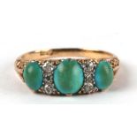 A Victorian 18ct gold half hoop ring set with three turquoise and six small diamonds, approx UK size