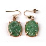 A pair of 9ct gold and jade drop earrings, total weight 4.8g.