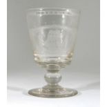 An 18th century glass rummer, the bucket-shaped bowl engraved with a ship sailing beneath Sunderland