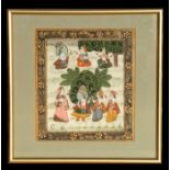 19th century Indo-Persian school - Vishu & Courtesans - gouache on silk, framed & glazed, 20 by