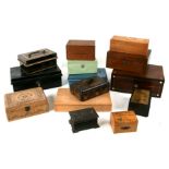 A quantity of tin and wooden boxes to include a Yale black Japanned cash box, 17cms wide.