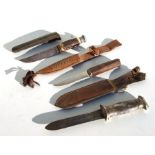 Three sheath knives in leather scabbards including a Norwegian Helle Fabrikker hunting knife with