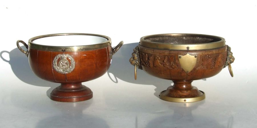 An oak pedestal bowl with silver plated mounts and South African Gold Coast Police shield, 24cms