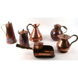A quantity of copper items to include a harvest jug, a grain scoop with treen handle and other