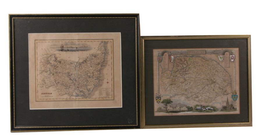 A hand tinted map of Norfolk; together with a similar map of Suffolk, both framed & glazed (2).