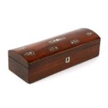 A Victorian dome topped rosewood pen box with mother of pearl inlay decoration, 25cms wide.