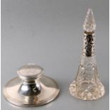 A silver Capstan inkwell with rubbed London hallmark; together with a white metal mounted scent