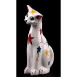 A Branham Studio pottery figure of a cat decorated with stars on a white ground, impressed Studio