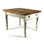 A Victorian pine kitchen table with scrubbed top and single frieze drawer, 104cms wide.