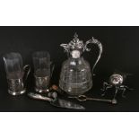 A Victorian cut glass silver mounted claret jug; together with two Russian silver plated chocolate
