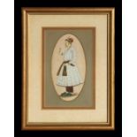 A 19th century style Indo-Persian full length portrait of a gentleman holding a flower, gouache,