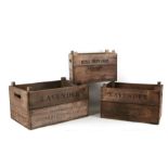 Three wooden crates, each sign written 'Fresh Lavender', the largest 48cms (3).
