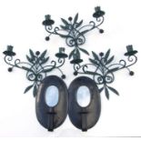 Three pairs of painted wrought iron twin-arm candle sconces; together with a pair of black painted