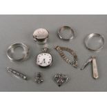 A quantity of silver jewellery and watches to include an open faced pocket watch; a padlock