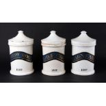 A set of three pottery chemist jars and covers, each 30cms high (a/f) (3).Condition ReportAll