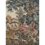 A 17th century style machine made wall hanging tapestry depicting a hunting scene, 106 by 142cms.
