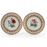 A pair of mid 19th century Coalport botanical plates , the rims pierced with a series of S-shaped